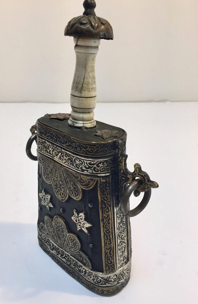 Antique Moroccan Berber Case Flask, Hand-Carved Wood & Brass, 1920s