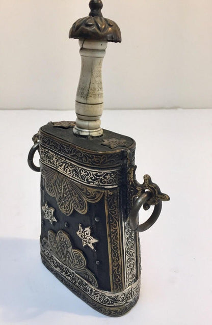Antique Moroccan Berber Case Flask, Hand-Carved Wood & Brass, 1920s