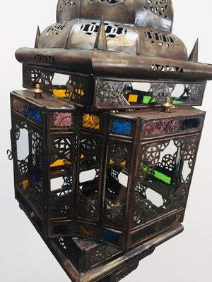 Moroccan Hall Lantern Light Fixture with Multi-Color Glass Moorish Style