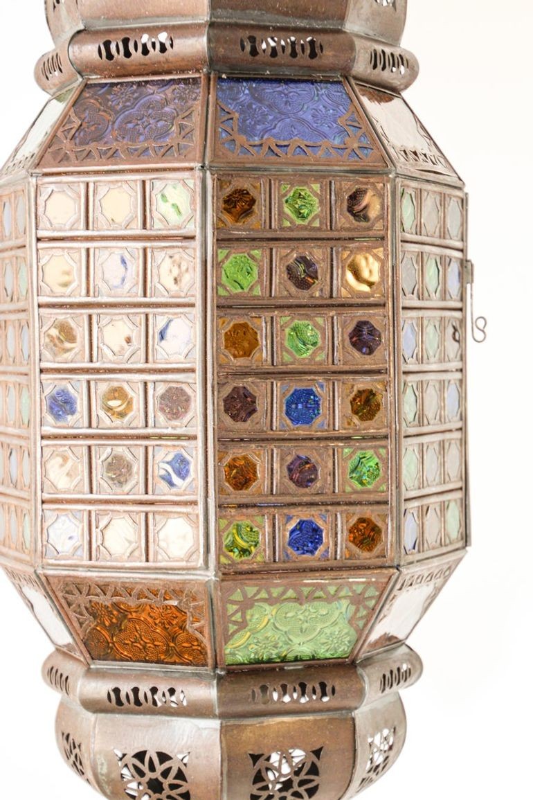 Moroccan Hanging Glass Lantern Moorish Metal Light Fixture with Stained Glass