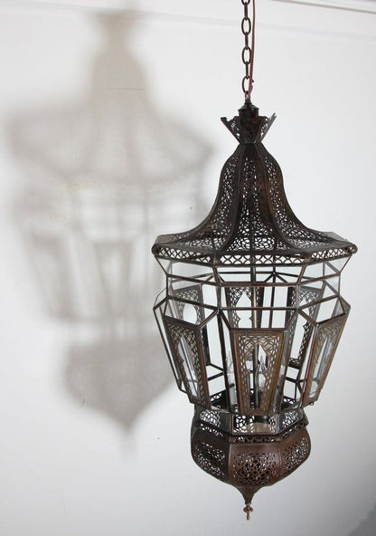 Vintage Moroccan Moorish Clear Glass Pierced Metal Lantern Chandelier, 1980s