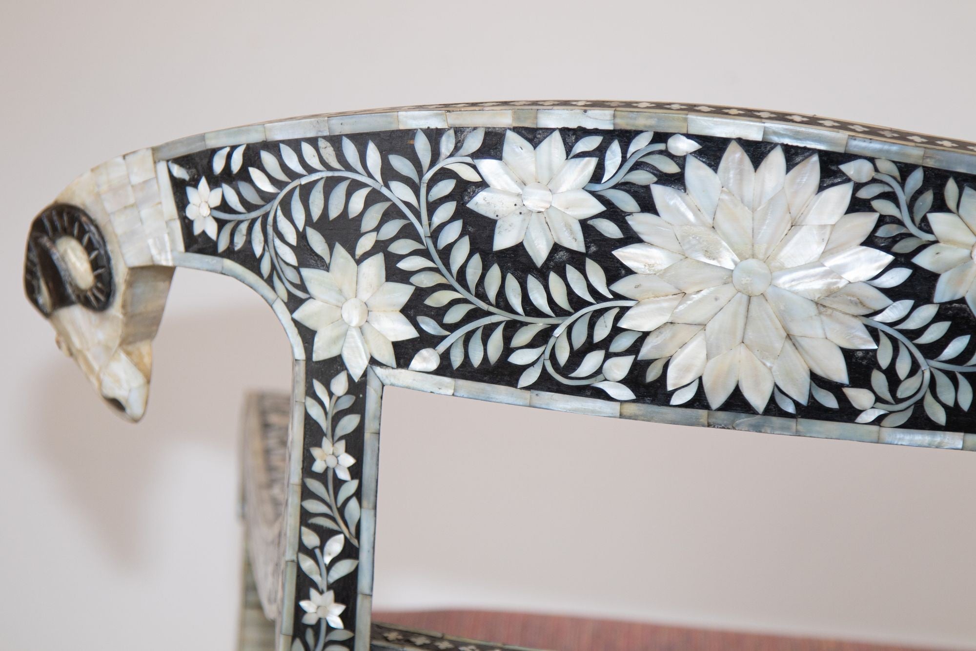 Anglo-Indian Mughal Mother of Pearl Inlaid Klismos Armchair with Ram Head 1 of 2