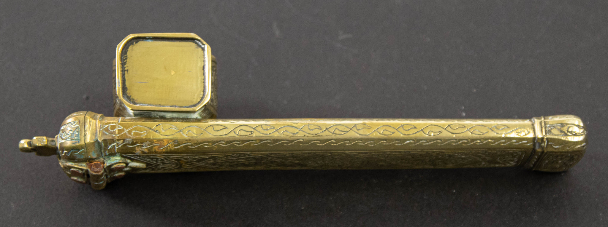 Antique 19th C. Ottoman Turkish Brass Inkwell Qalamdan with Arabic Calligraphy Writing