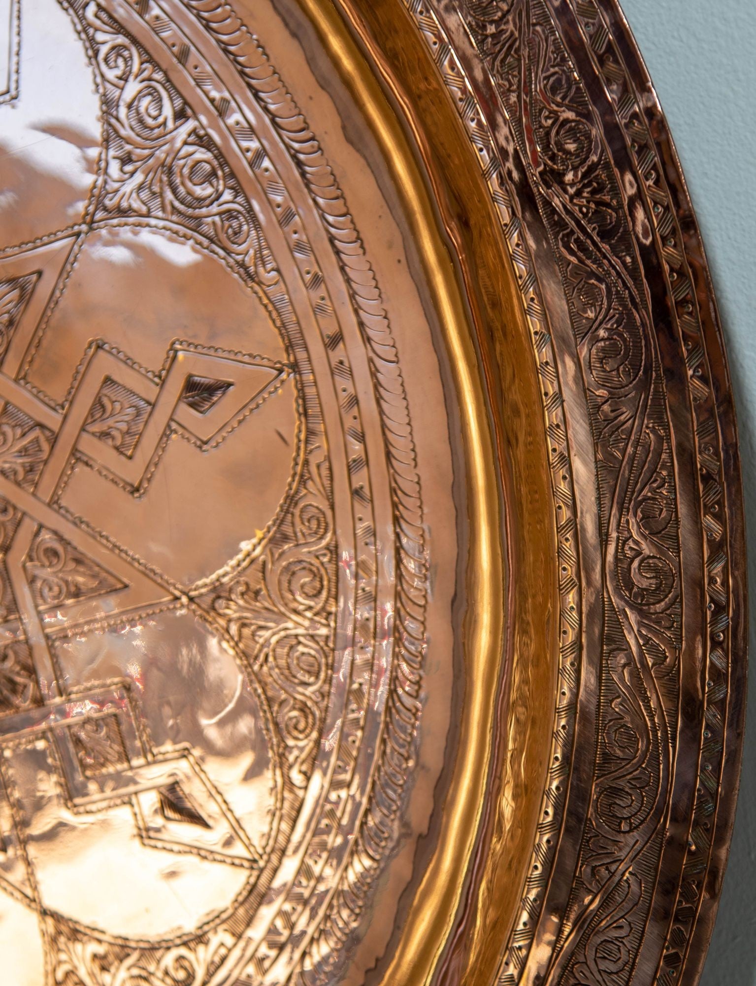 1920s Antique Hand Tooled Oversized Moroccan Metal Copper Tray 31 in. D.