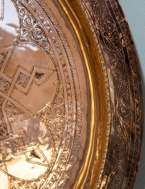 1920s Antique Hand Tooled Oversized Moroccan Metal Copper Tray 31 in. D.