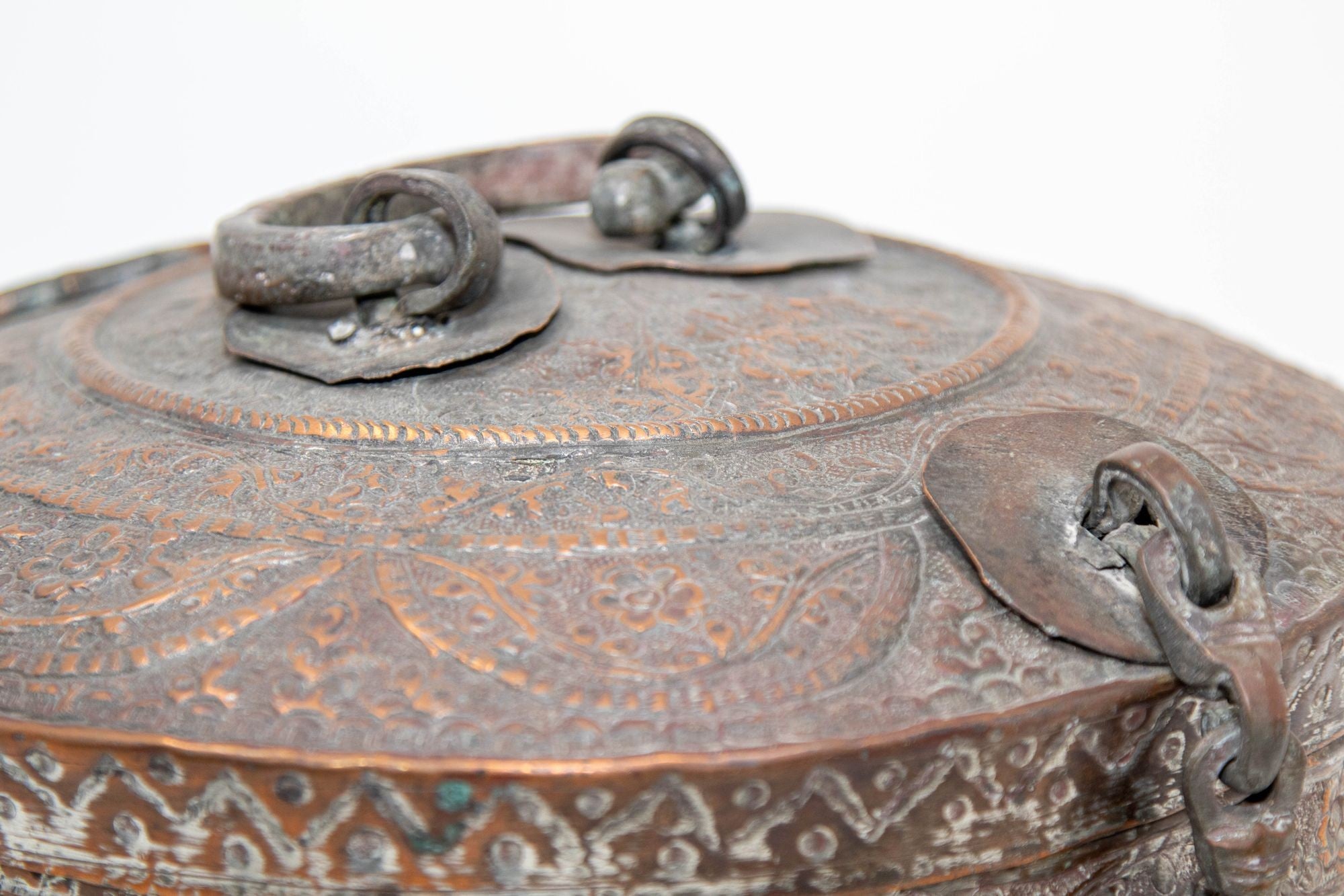 Antique South Asian Mughal Round Tinned Copper Box with Lid India 19th Century