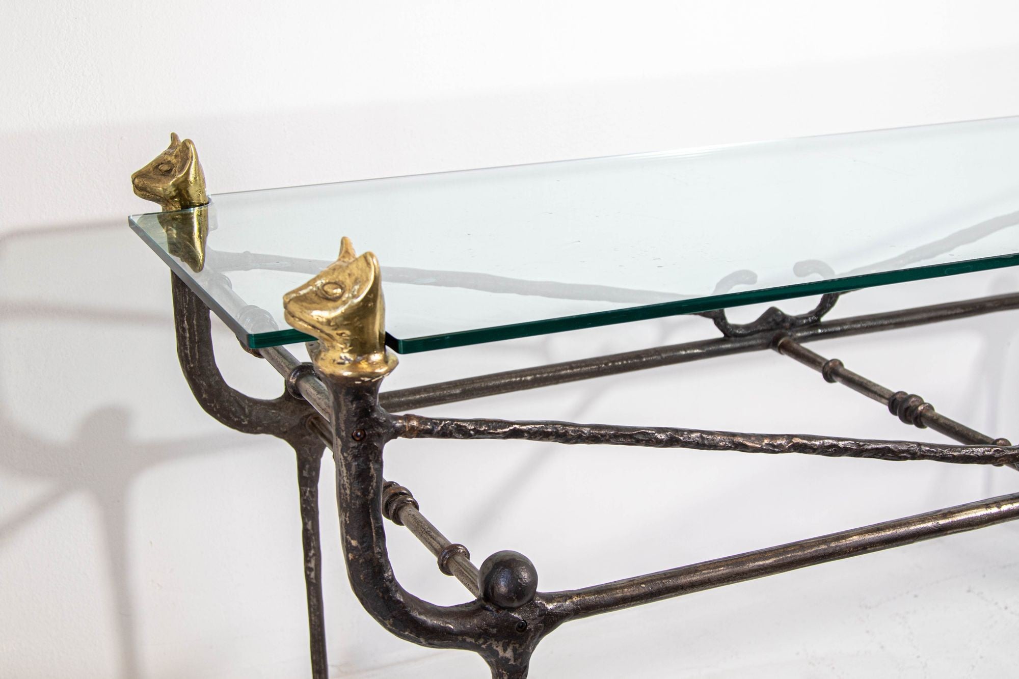 Giacometti Style Sculptural Brutalist Iron and Glass Console Table With Cat Head