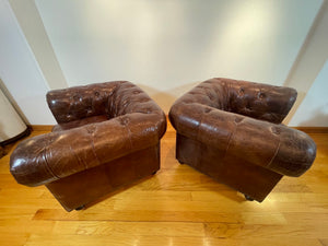 Vintage English Brown Leather Tufted Chesterfield Club Armchairs a Pair