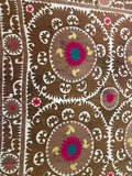 Vintage Embroidered Uzbekistan Suzani Tapestry Wall Hanging Brown and Pink XL