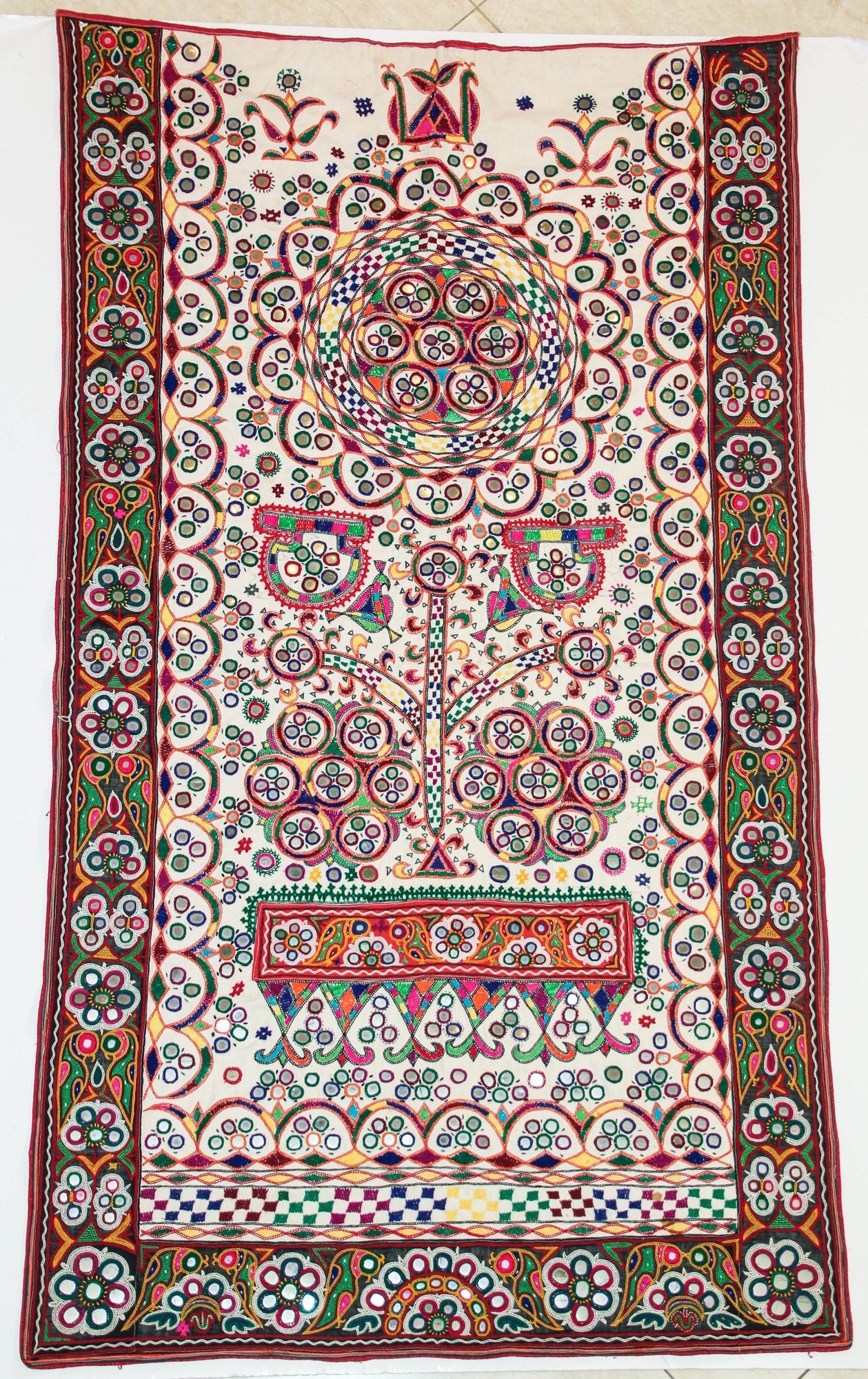 1920's Indian Gujarati Rabari Kutch Silk Embroidered Ethnic Textile with Mirror