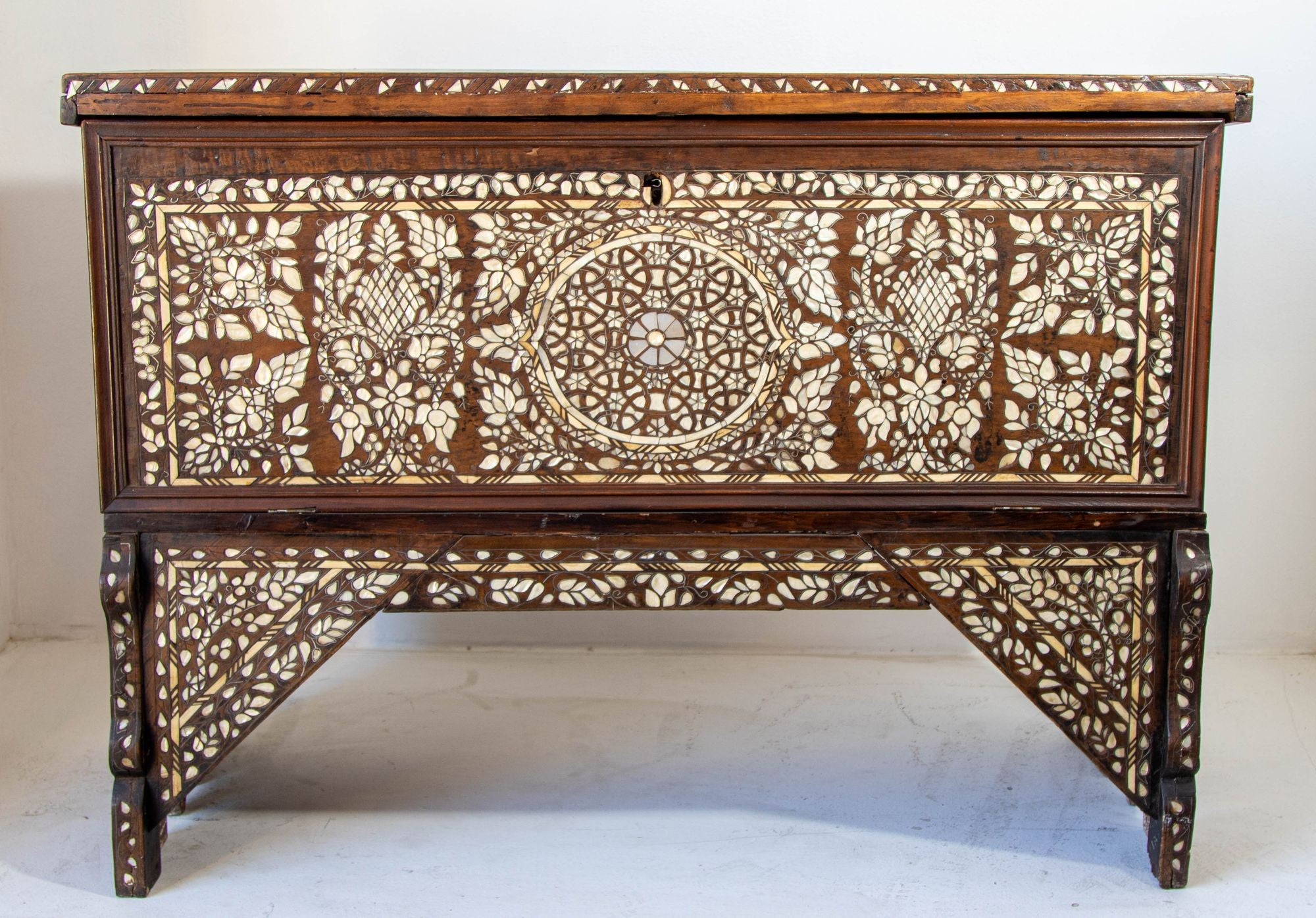 Antique Middle Eastern Mother of Pearl Inlay Dowry Trunk 19th C.