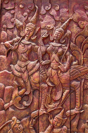 Antique Monumental Asian Hand-Carved Wooden Decorative Mural Panel 8ft