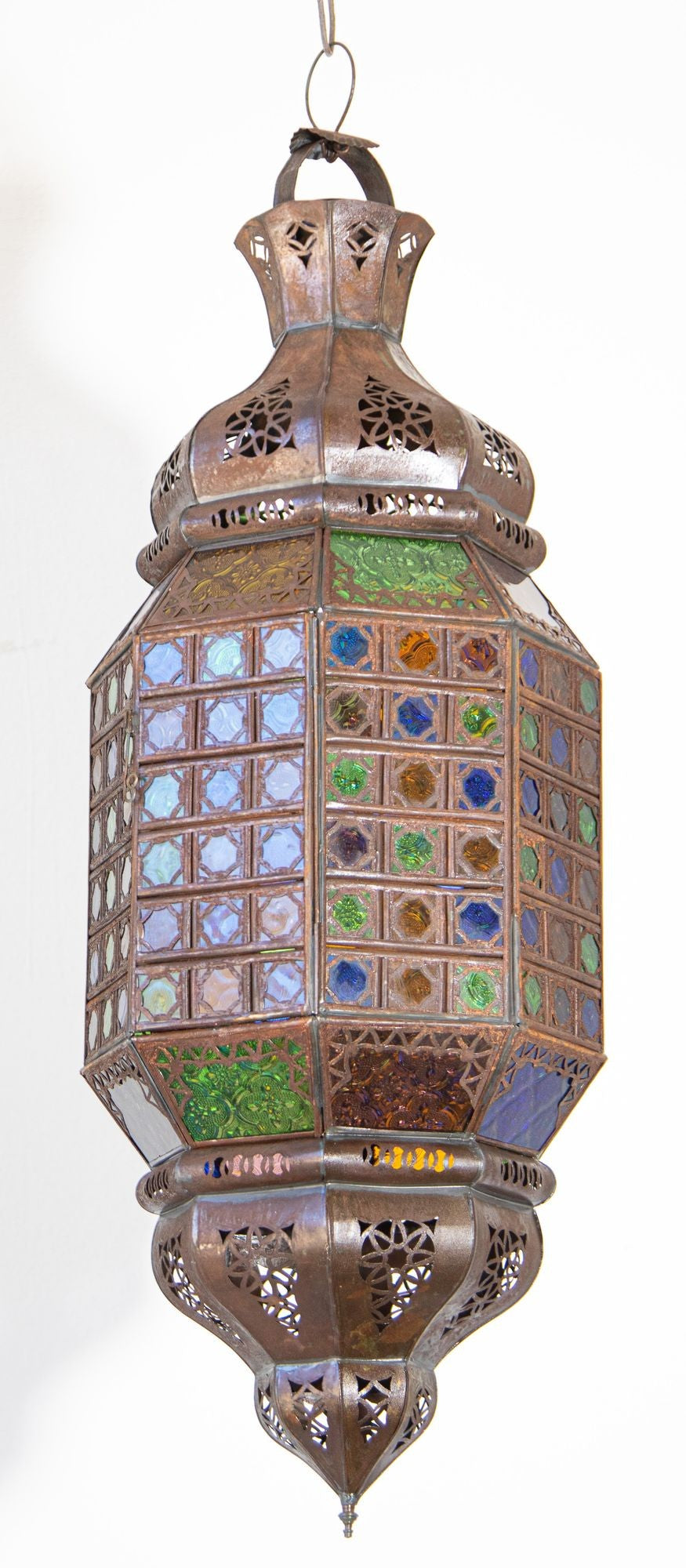 Moroccan Hanging Glass Lantern Moorish Metal Light Fixture with Stained Glass