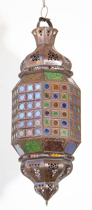 Moroccan Hanging Glass Lantern Moorish Metal Light Fixture with Stained Glass