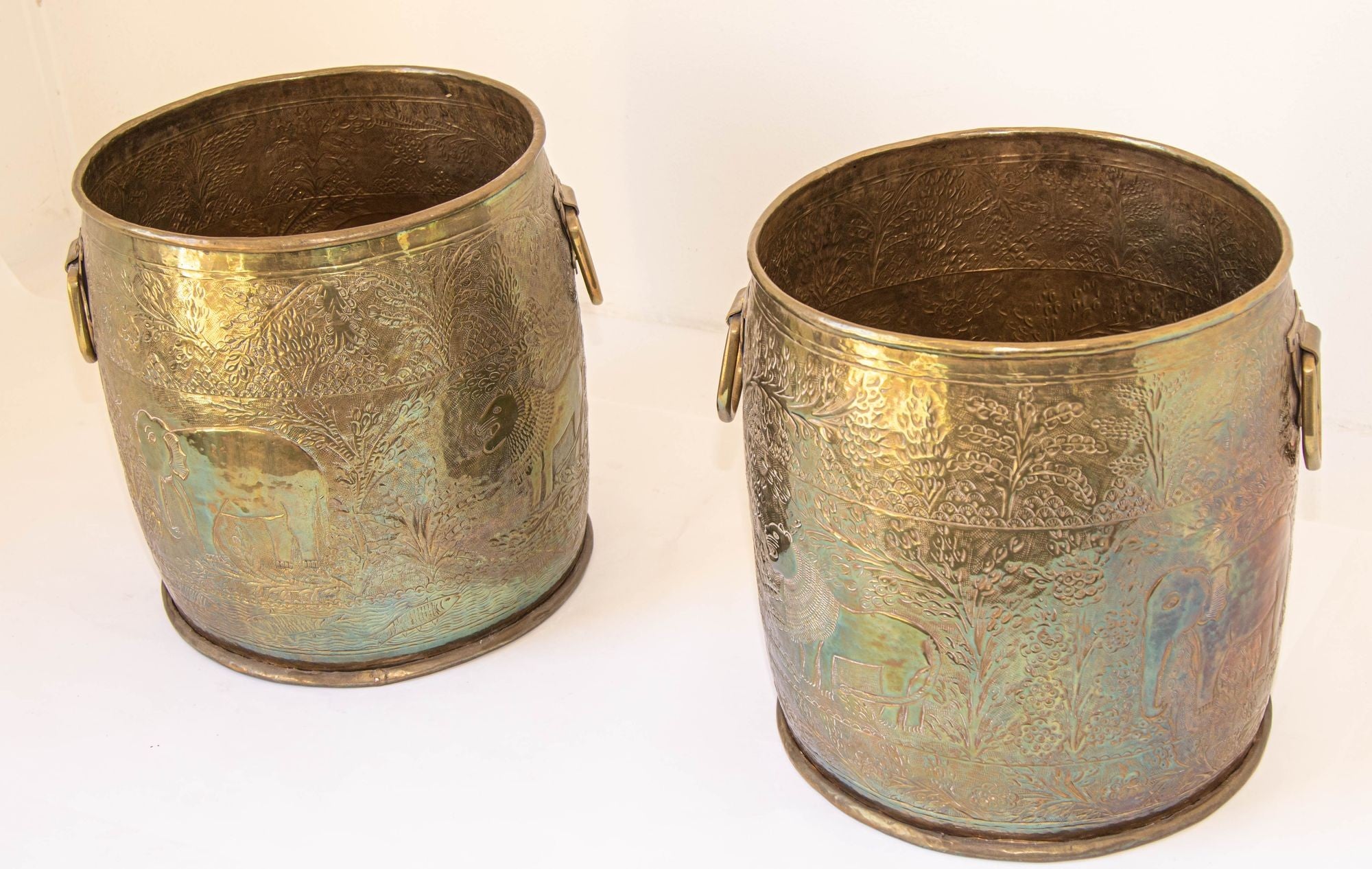 Large Vintage Polished Brass Planters Anglo Raj Hammered Jungle Design a Pair