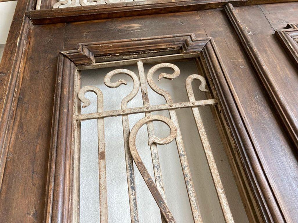 Antique French Painted Double Entry Doors with Transom Wood and Wrought Iron — France