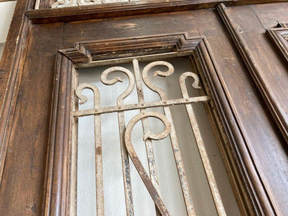 Antique French Painted Double Entry Doors with Transom Wood and Wrought Iron — France
