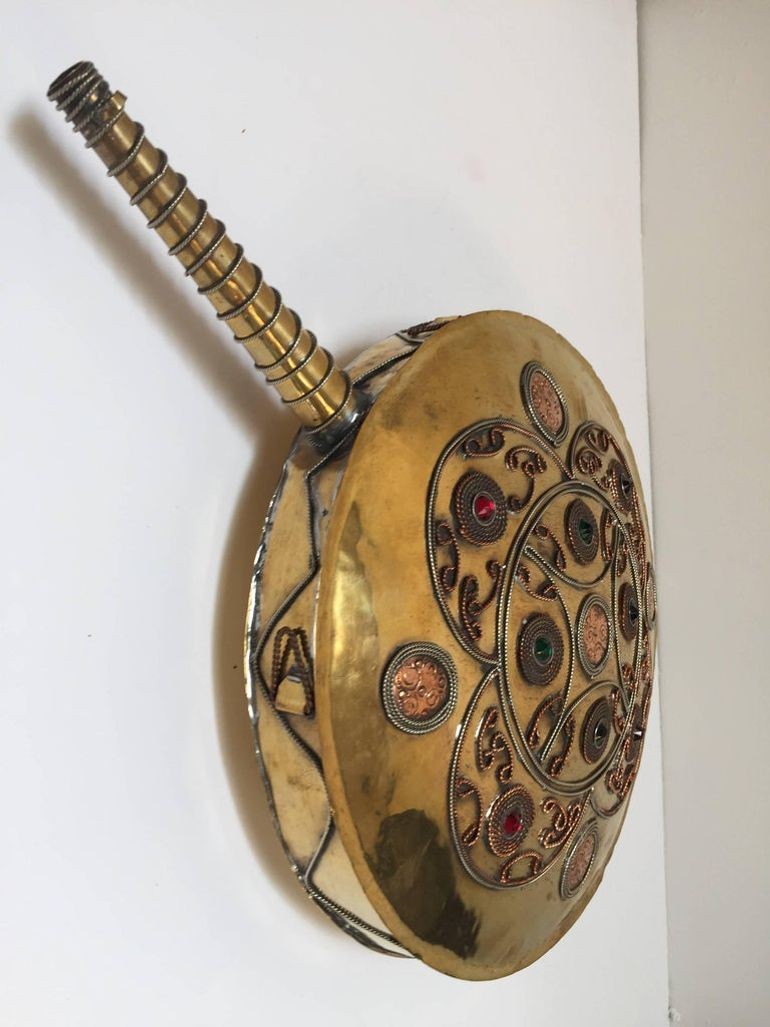 Handcrafted Moroccan Brass Drinking Flask with Glass Stones, 1940