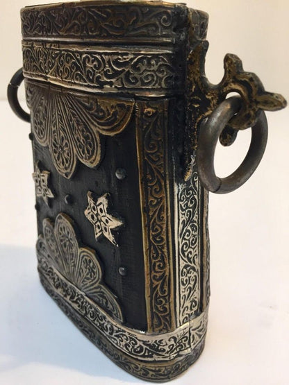 Antique Moroccan Berber Case Flask, Hand-Carved Wood & Brass, 1920s