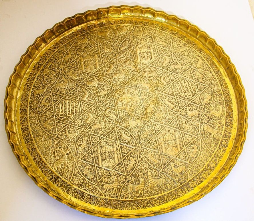 Large Antique Decorative Indo-Persian Mughal Hammered Brass Tray 19th c.
