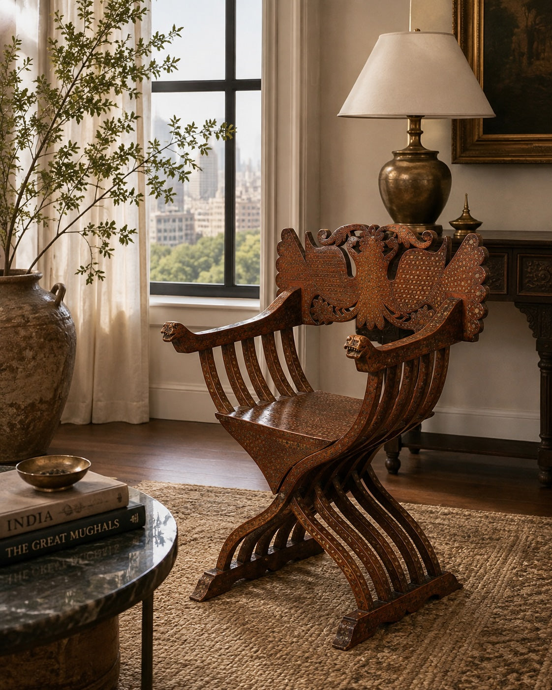 19th Century Anglo-Indian Brass Inlaid Savonarola Chair with Peacocks