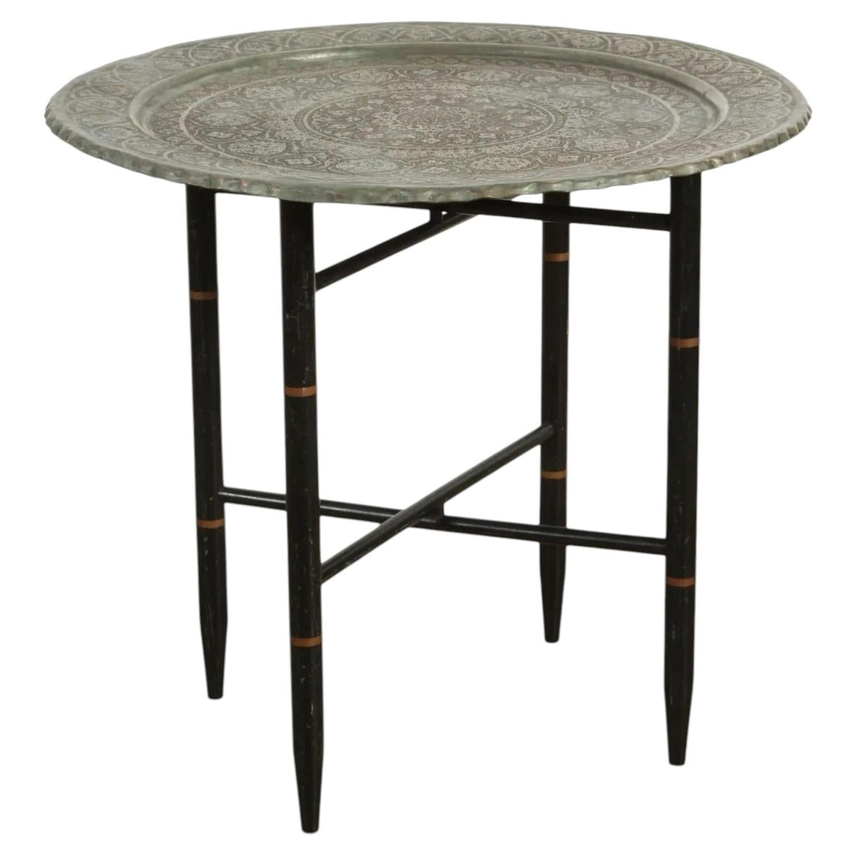 Antique Persian Qajar Tinned Copper Engraved Tray Table — Asia