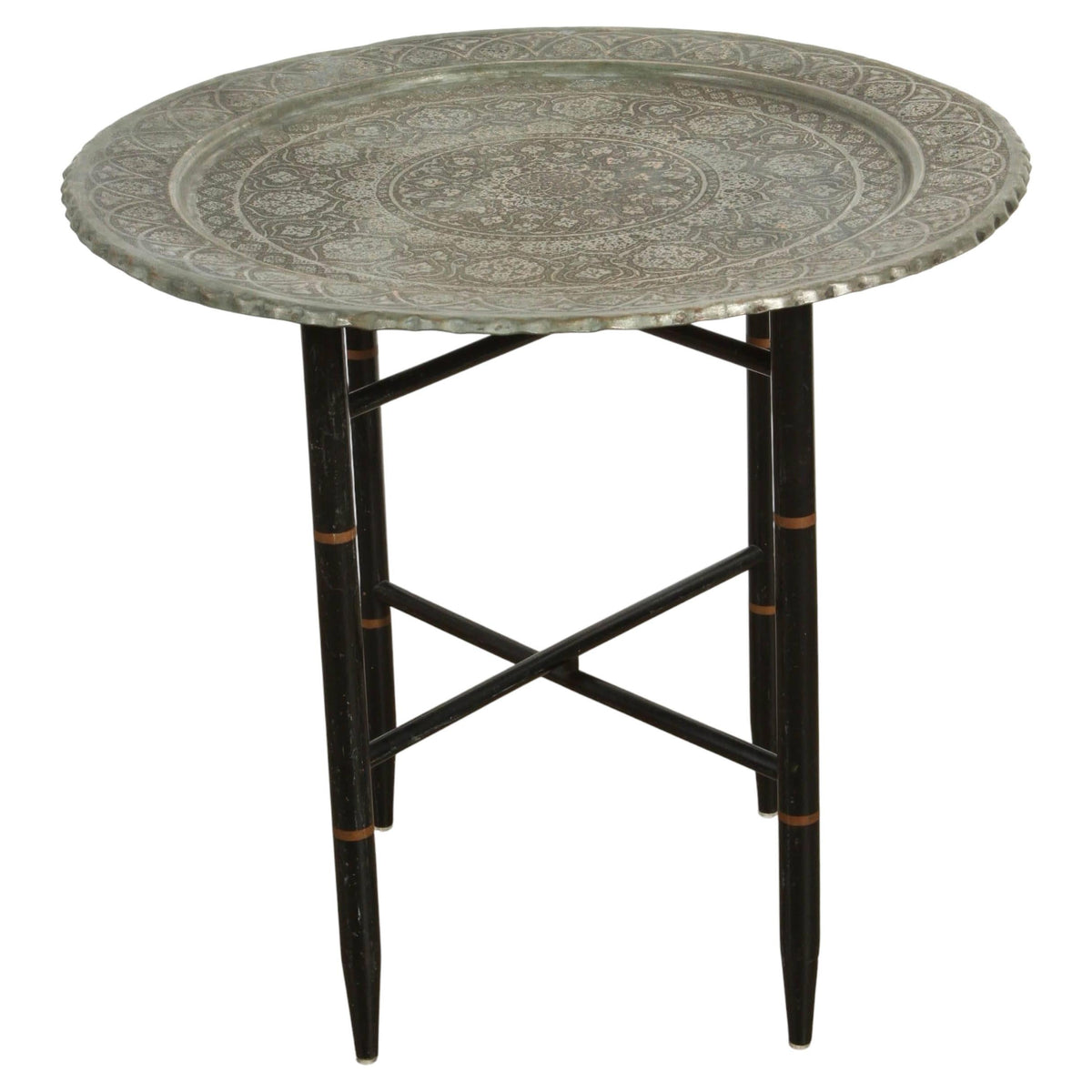 Antique Persian Qajar Tinned Copper Engraved Tray Table — Asia