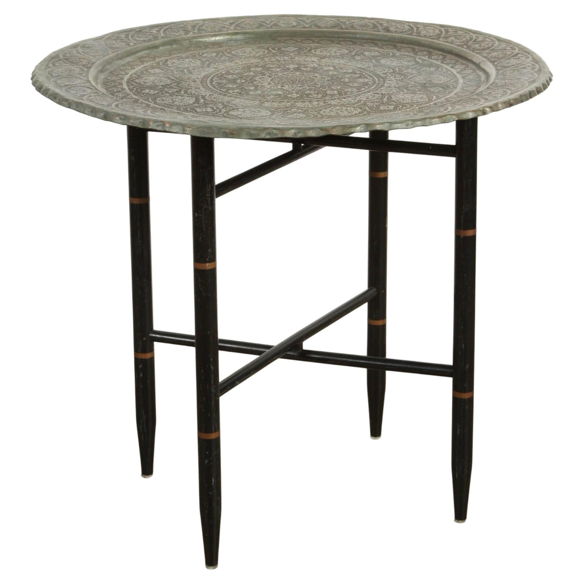 Antique Persian Qajar Tinned Copper Engraved Tray Table — Asia