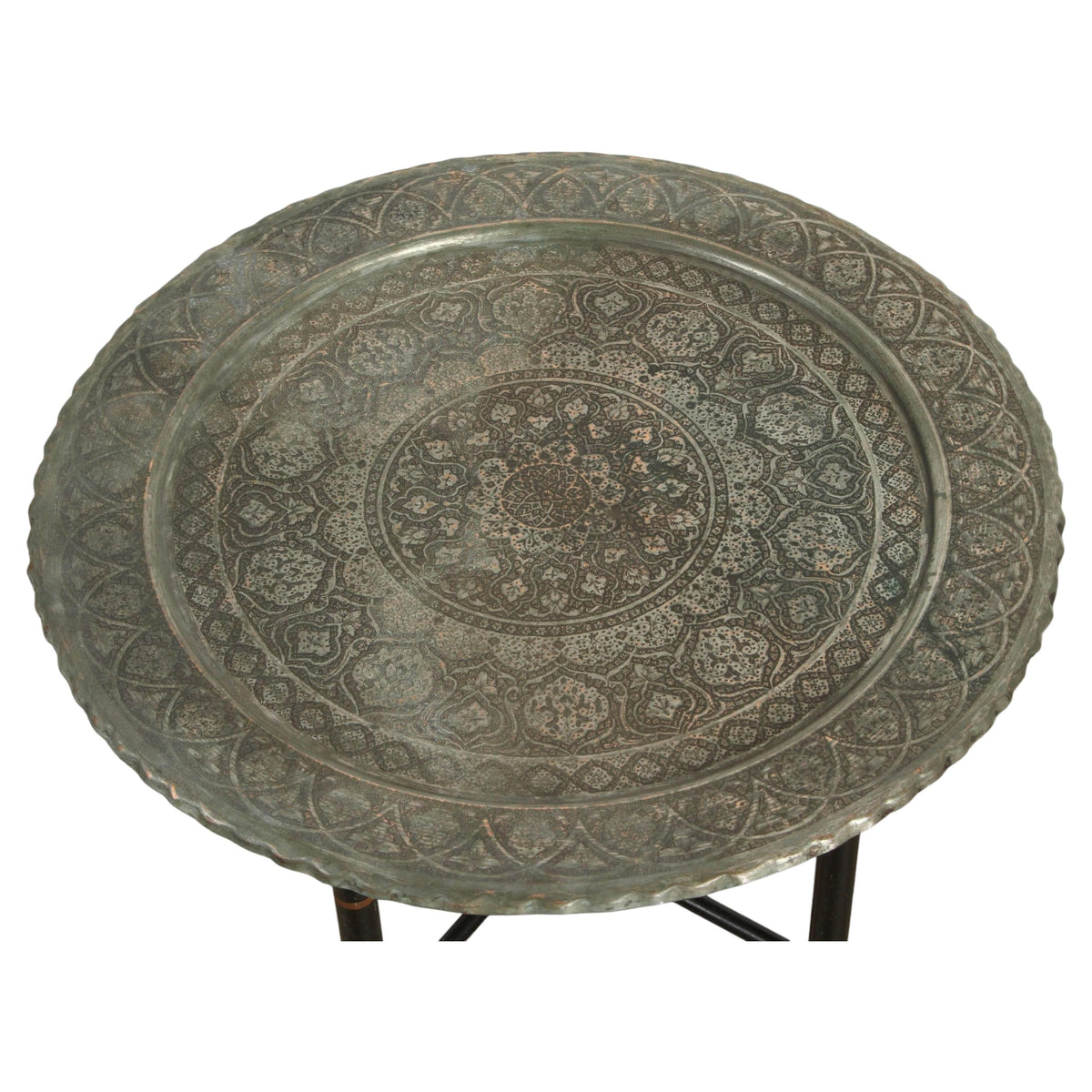 Antique Persian Qajar Tinned Copper Engraved Tray Table — Asia