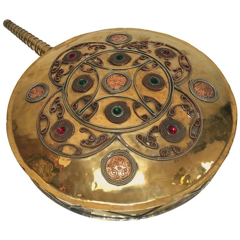 Handcrafted Moroccan Brass Drinking Flask with Glass Stones, 1940