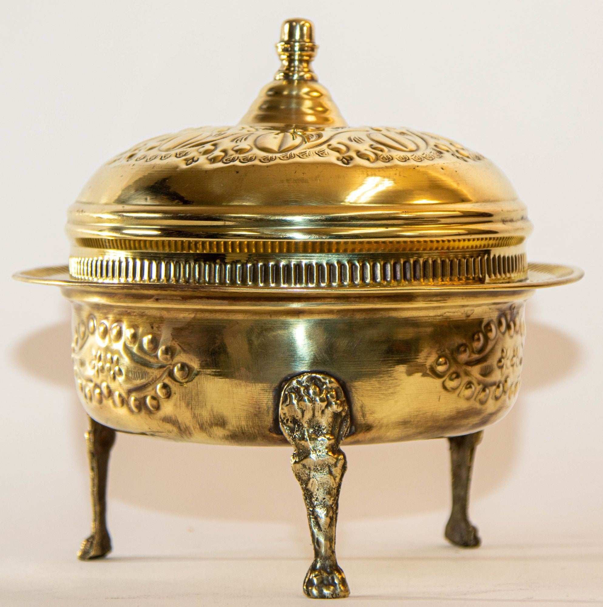 1940s Antique Round Moroccan Brass Serving Dish with Dome Lid and Paw Lion Feet.