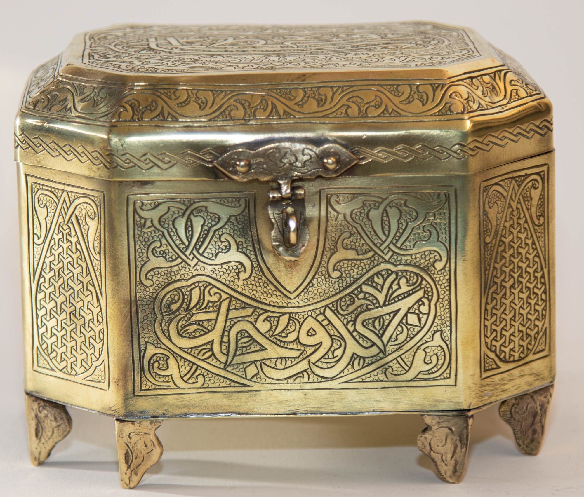 Persian Brass Jewelry Box in Mamluk Revival Damascene Moorish Islamic Style 1920