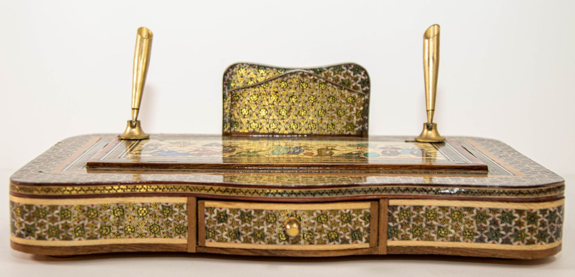 Vintage 1950s Persian Khatam Hand Painted Pen and Letter Desk Set