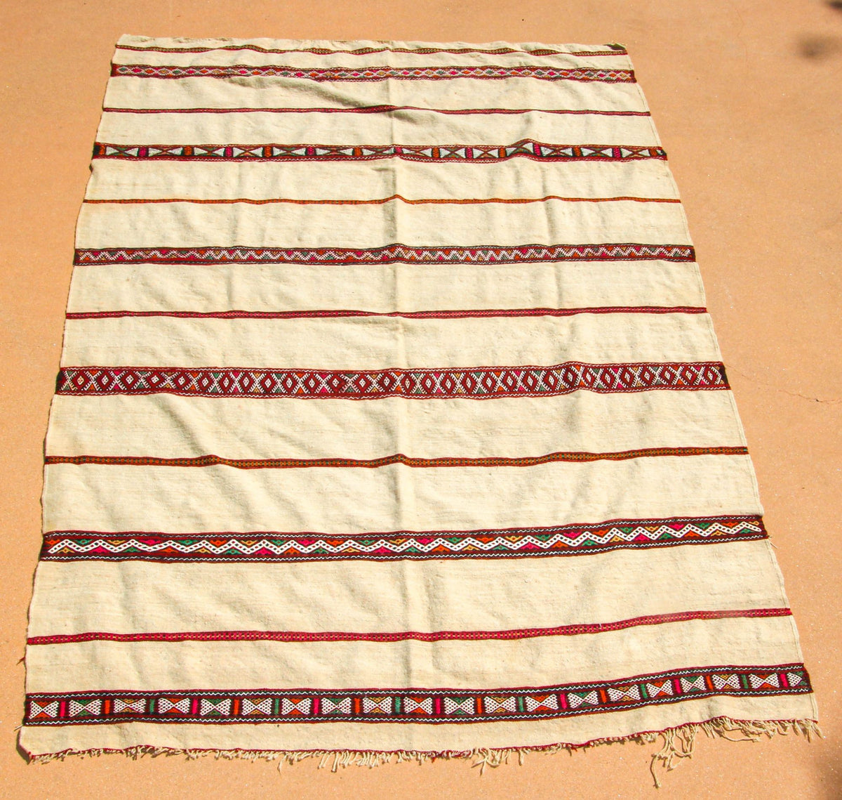 1960s Vintage Berber Moroccan Handira Bohemian Tribal Style Flat-Weave Textile
