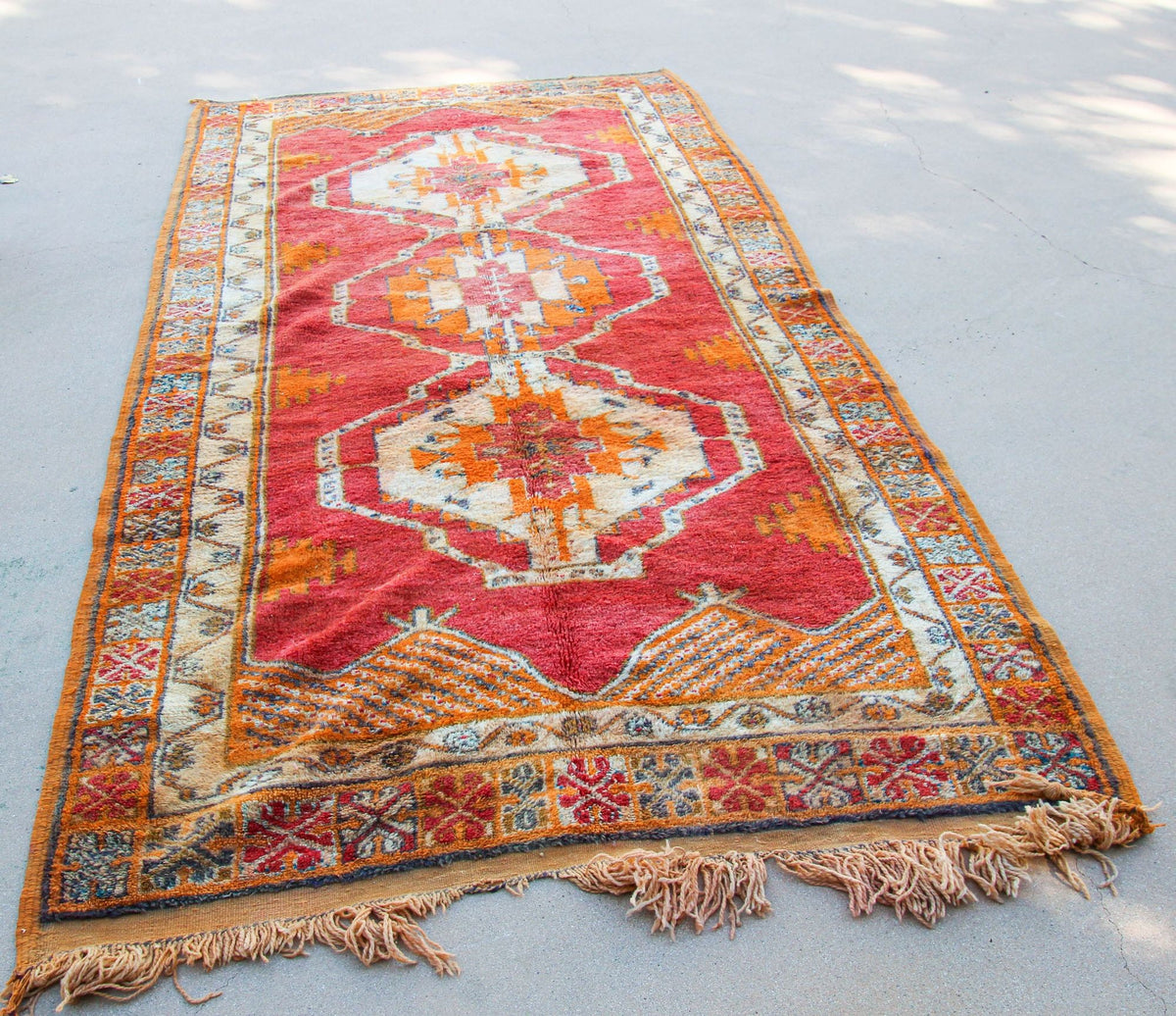 1960s Moroccan Berber Rug Burnt Orange Blue Cream and Pink