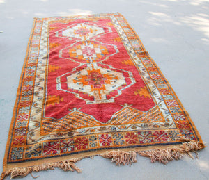 1960s Moroccan Berber Rug Burnt Orange Blue Cream and Pink