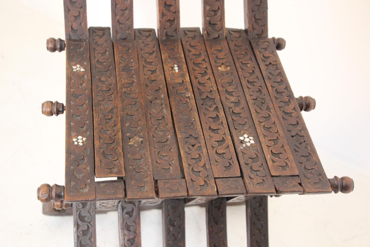 Antique Egyptian Moorish Carved Walnut Mother-of-Pearl Inlaid Folding Chair