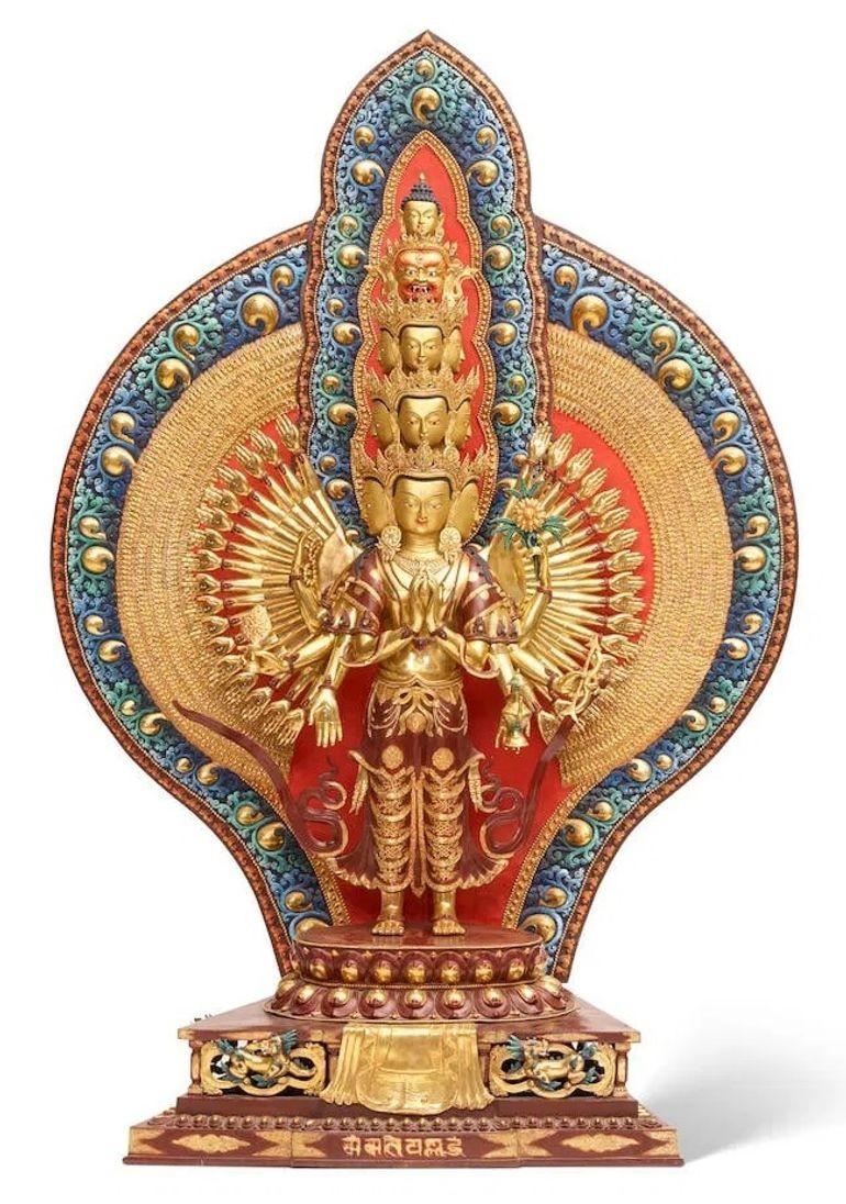 Handcrafted Oversized Gilt and Polychrome Copper Avalokiteshvara Statue, Nepal — detail view 2