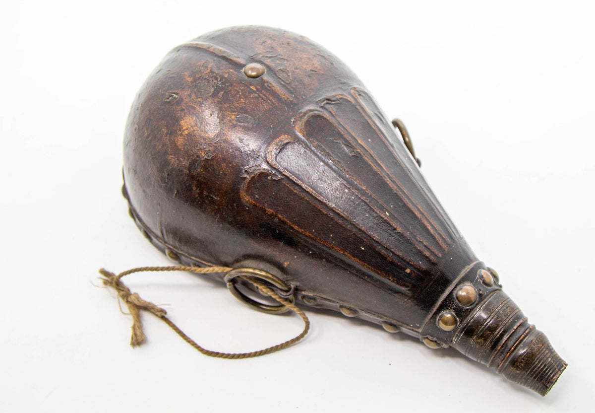 Antique Moroccan Carved Wood and Tooled Leather Powder Flask, 19th Century