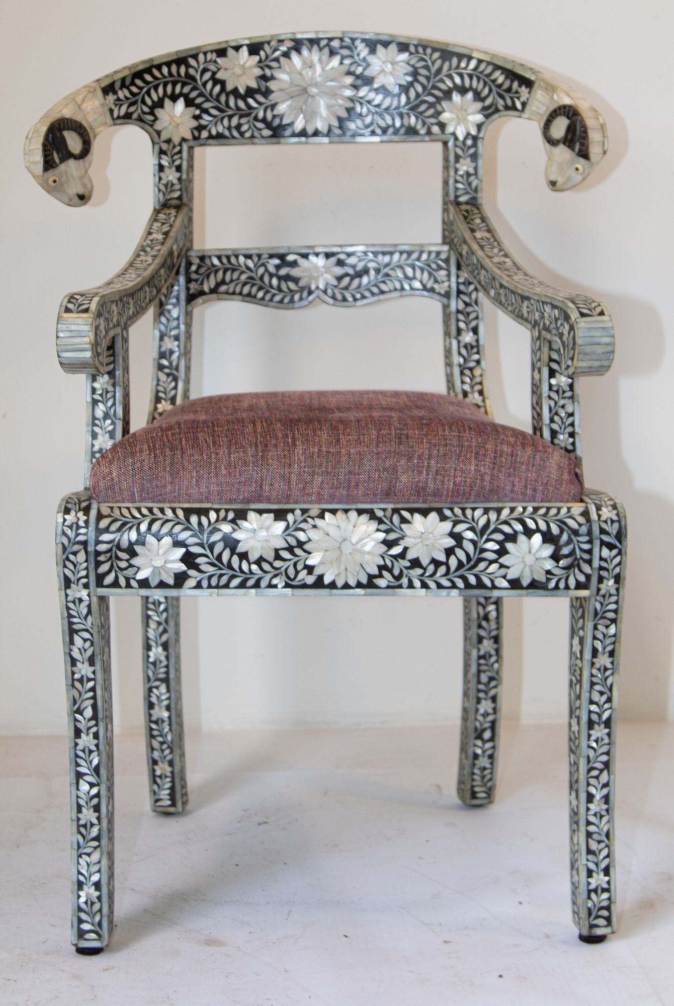 Anglo-Indian Mughal Mother of Pearl Inlaid Klismos Armchair with Ram Head 1 of 2