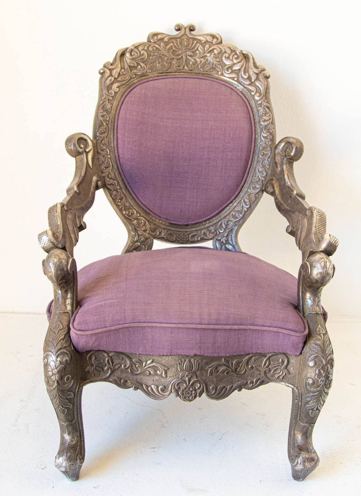 Antique Anglo-Indian Silver-Clad Repoussé Throne Armchair, India, circa 1890