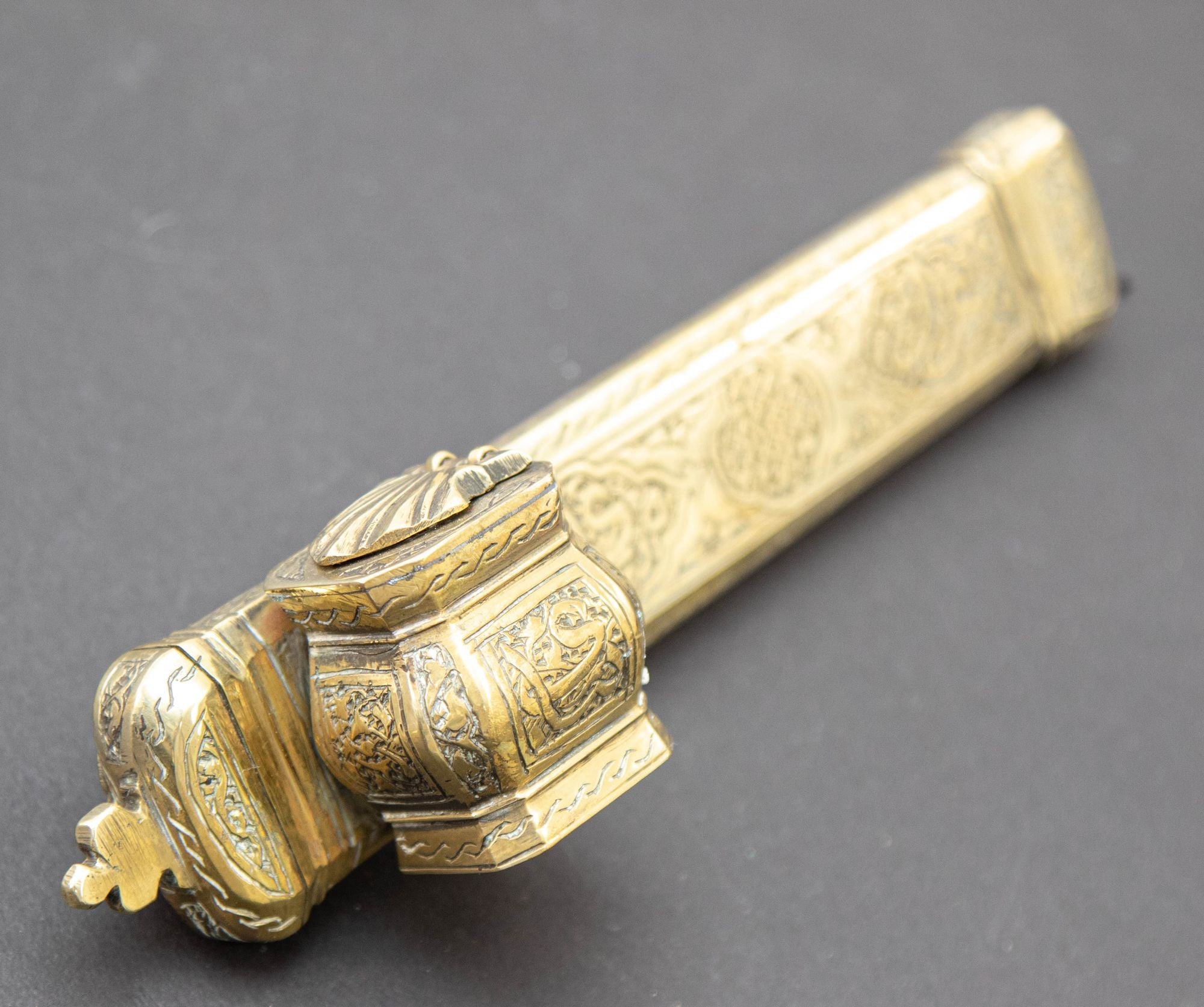 Antique 19th C. Ottoman Turkish Brass Inkwell Qalamdan with Arabic Calligraphy Writing