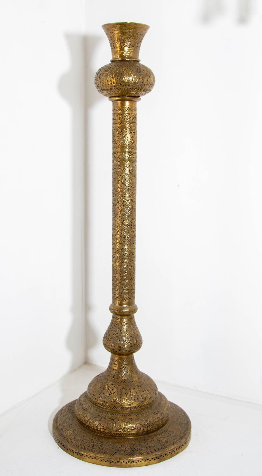Antique Egyptian Mamluk Revival Pierced Brass Floor Candleholder