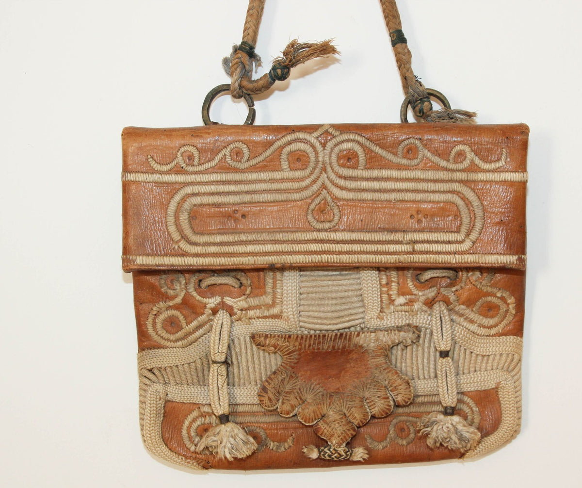 Antique Hand Tooled Leather African Tribal Moroccan Bag Collectible, 1940s
