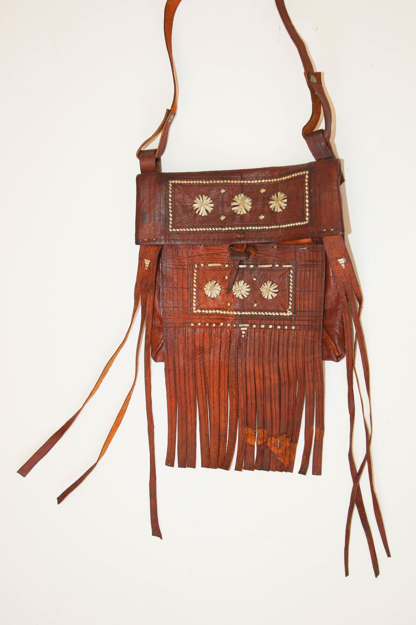 Moroccan Vintage Leather Handcrafted African Tuareg Bag with Fringes Wall Art
