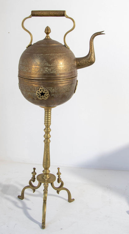 Monumental Moroccan Engraved Brass Tea Kettle on Stand