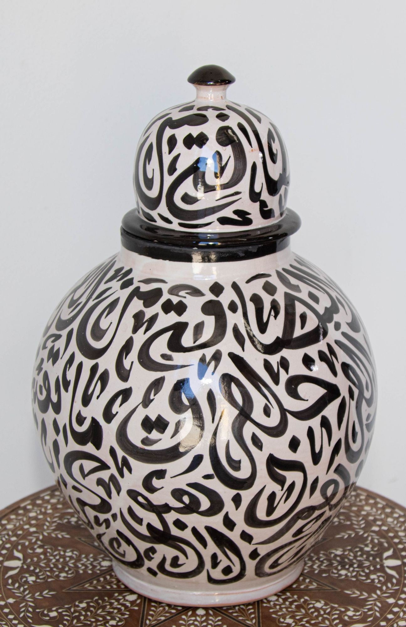 Moroccan Ceramic Lidded Urn with Arabic Calligraphy Black Writing, Fez