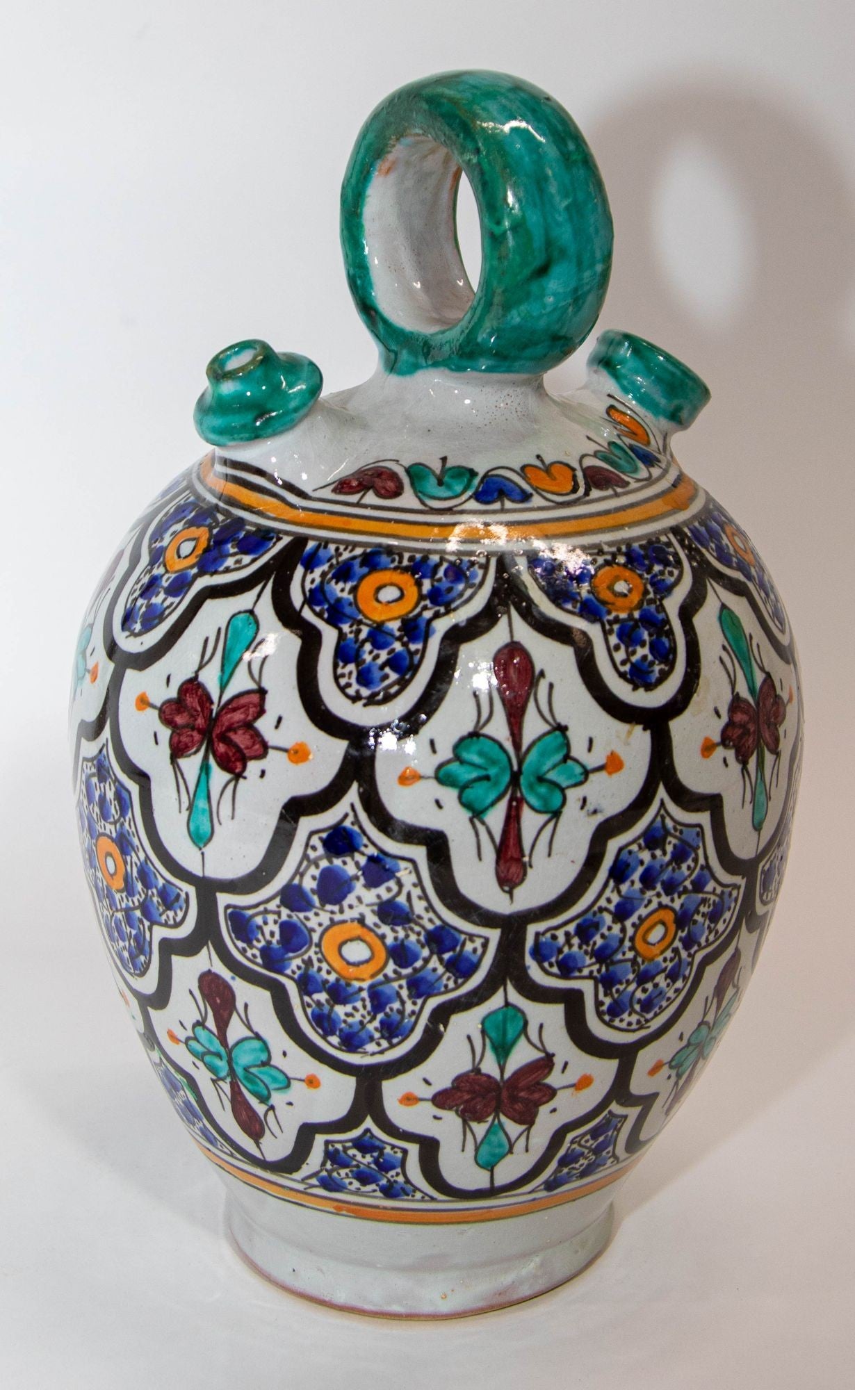 Moroccan Ceramic Glazed Water Jug Handcrafted in Fez Morocco