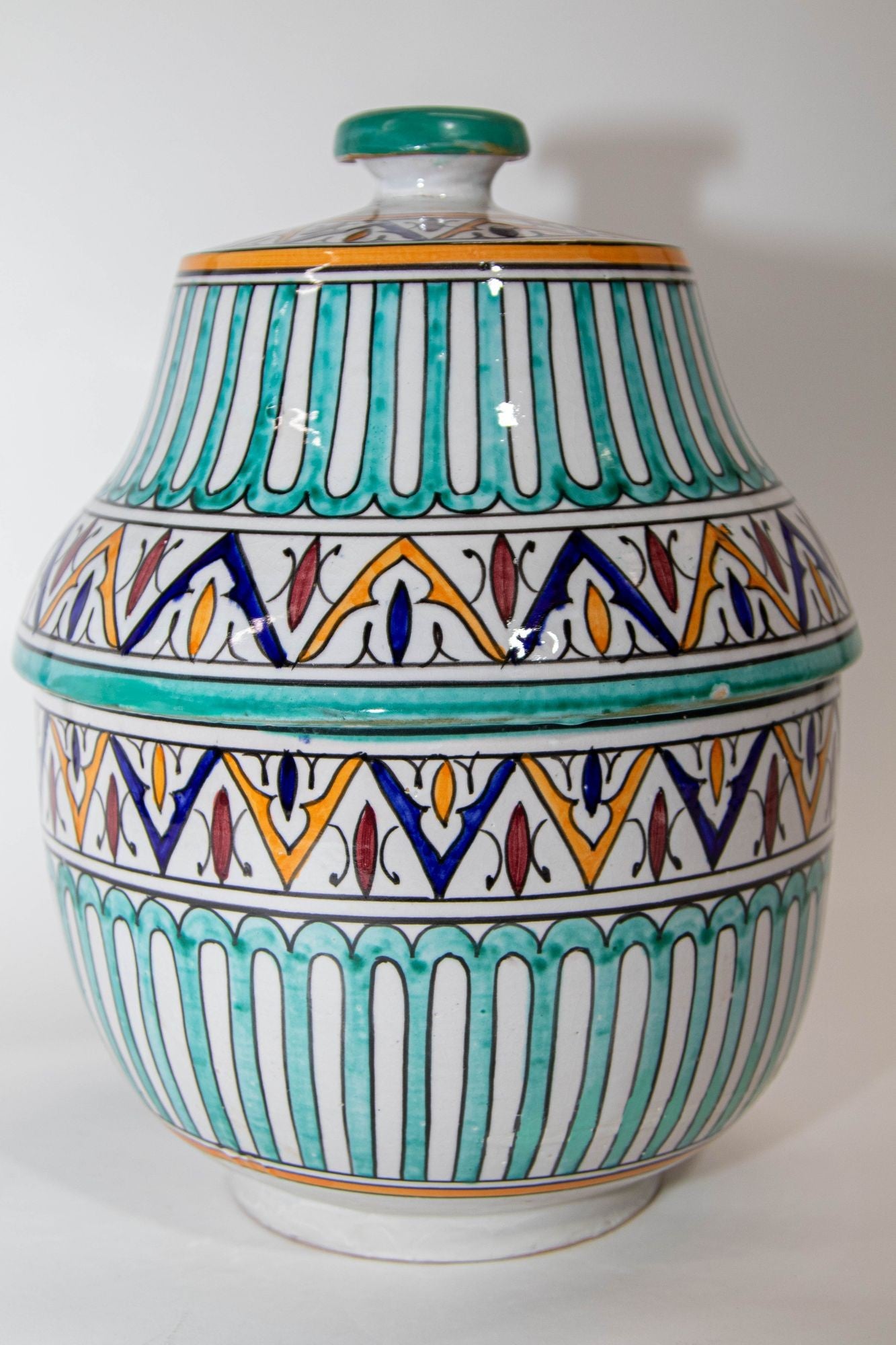 Moroccan Ceramic Covered Jar Handcrafted in Fez Morocco 1950s