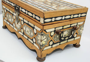 Moroccan Dowry Box Inlaid with White Camel Bone Rectangular Carved Wood Trunk